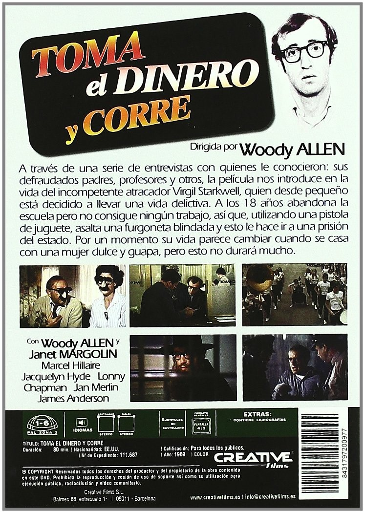 Contraportada de DVD de Toma el dinero y corre con texto, escenas de la película y Woody Allen.