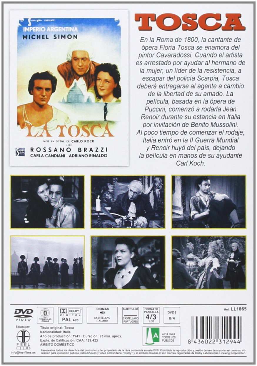 Carátula del DVD de Tosca, con fotogramas, nombres del reparto, sinopsis en español y detalles técnicos.