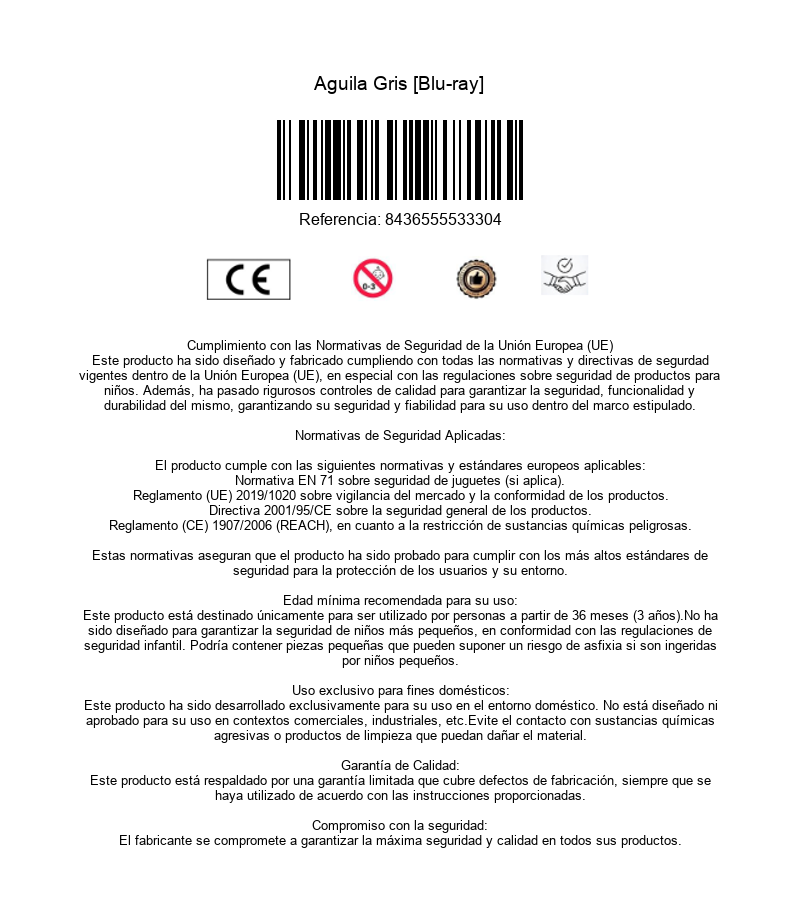 Información de seguridad y normativas para el Blu-ray Aguila Gris con certificación CE.