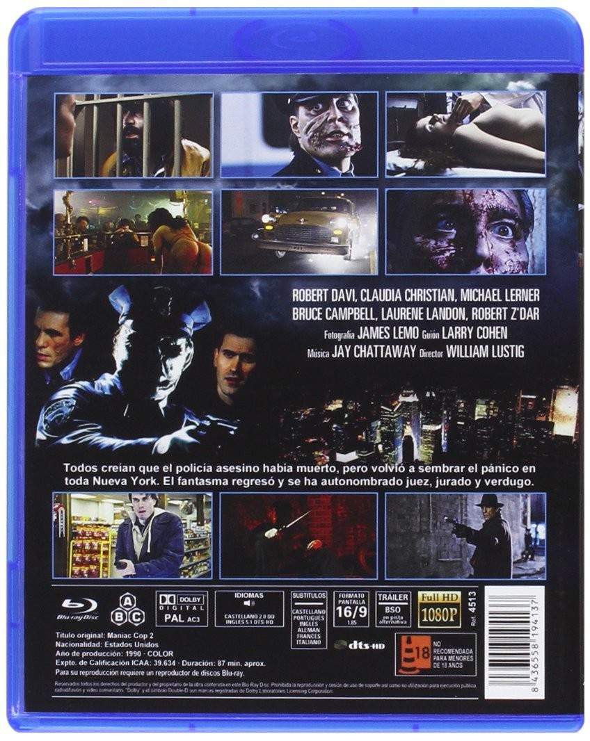 Contraportada del estuche Blu-ray de Maniac Cop 2, con fotogramas, créditos y sinopsis.