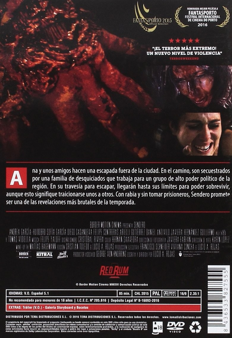 Contraportada de DVD de terror con mano sangrienta, fotogramas, sinopsis en español, créditos y código de barras.