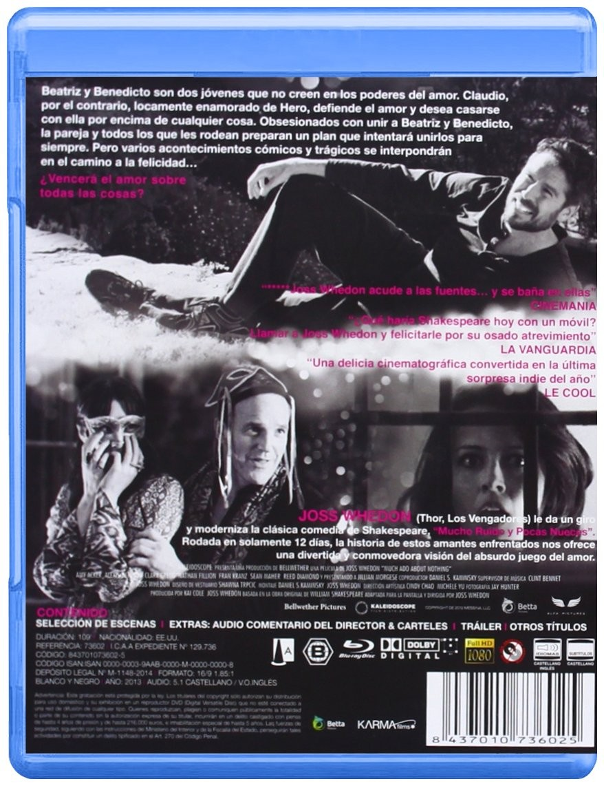 Contraportada de un Blu-ray de Mucho ruido y pocas nueces con escenas en blanco y negro y texto.