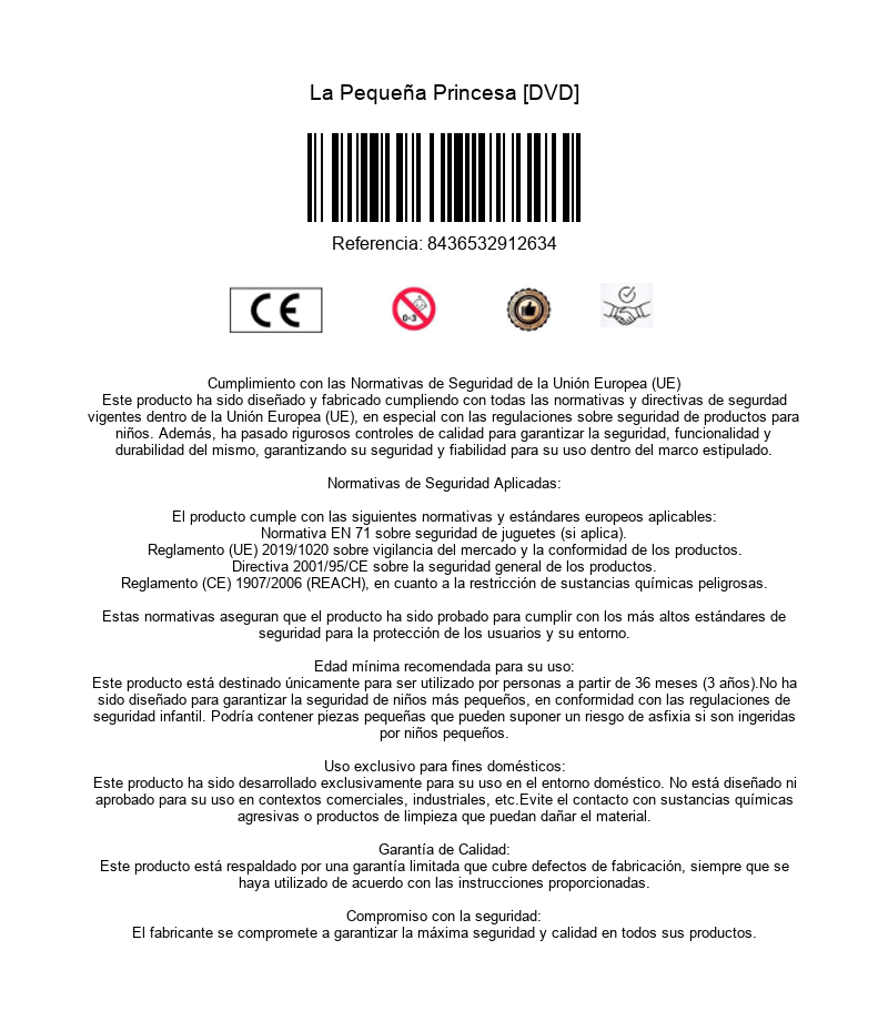 Etiqueta de conformidad de DVD con código de barras, marca CE, iconos de advertencia y texto de seguridad.