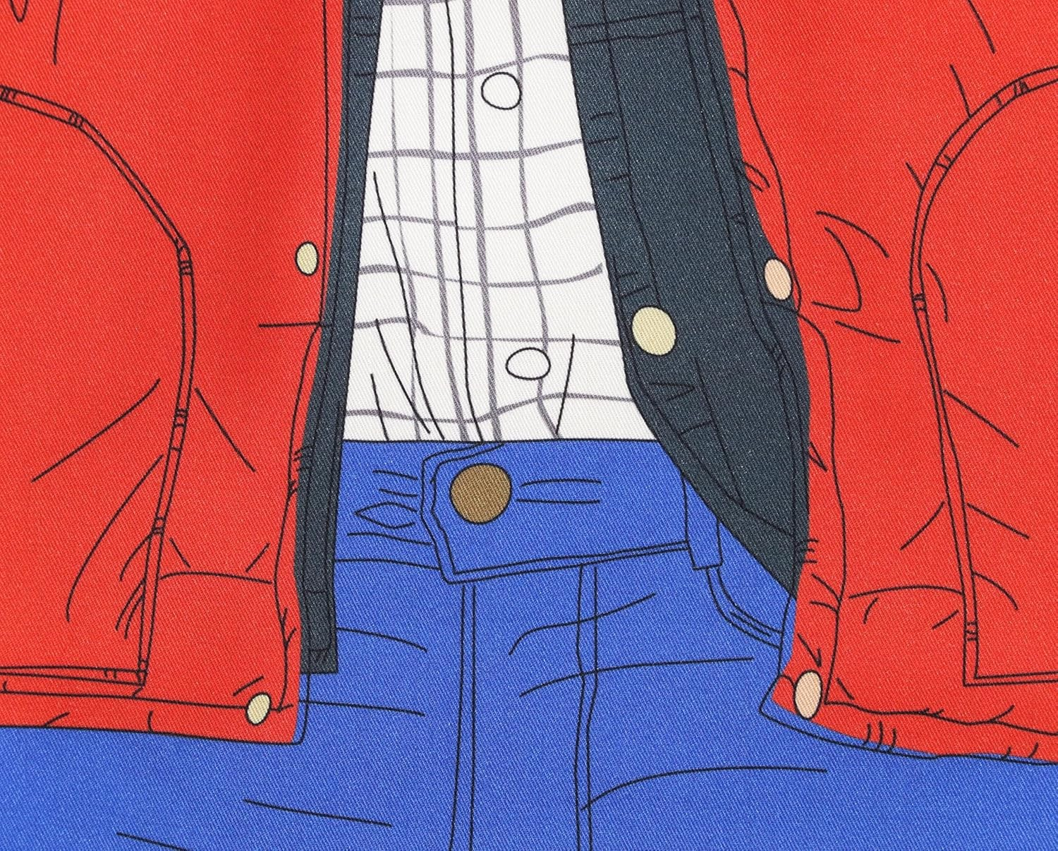 Ilustración de un conjunto con chaqueta roja, chaleco negro, camisa a cuadros y vaqueros azules.