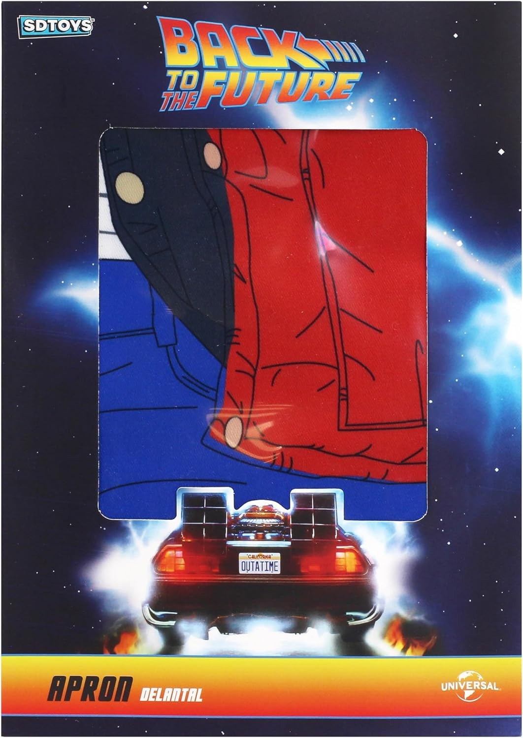 Empaque de delantal de Regreso al futuro con la chaqueta de Marty y el DeLorean.