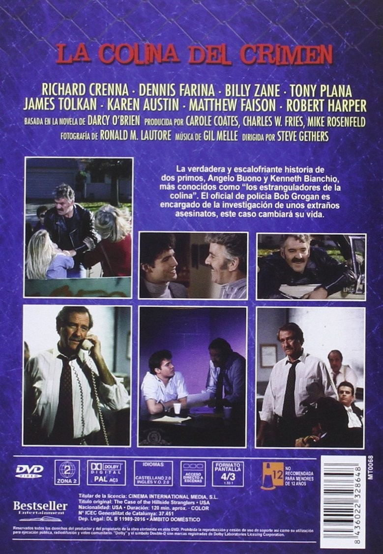 Contraportada de la caja de DVD de La Colina del Crimen con fotogramas y texto.