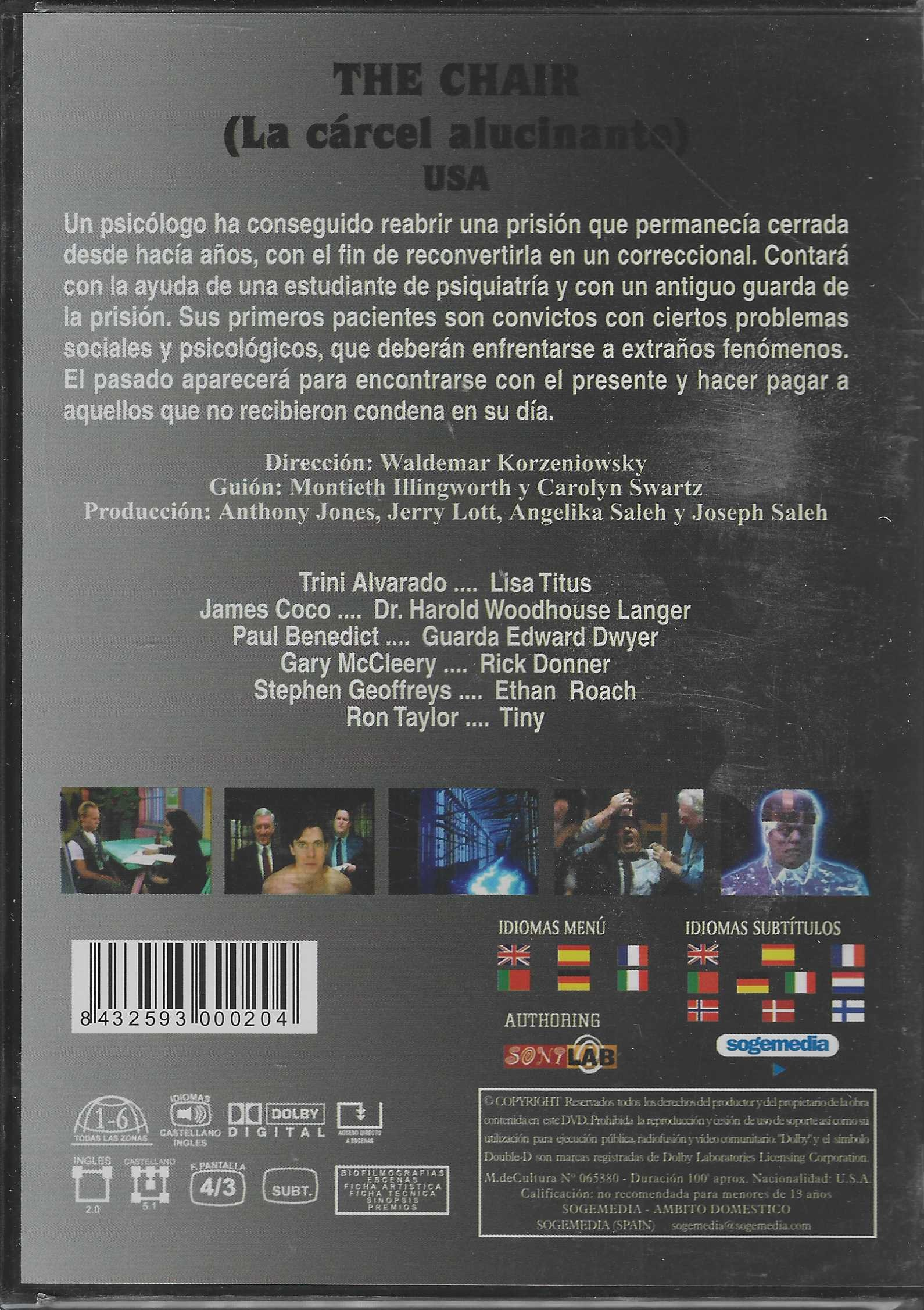 Parte trasera de una caja de DVD con sinopsis en español, reparto, fotogramas y detalles técnicos.