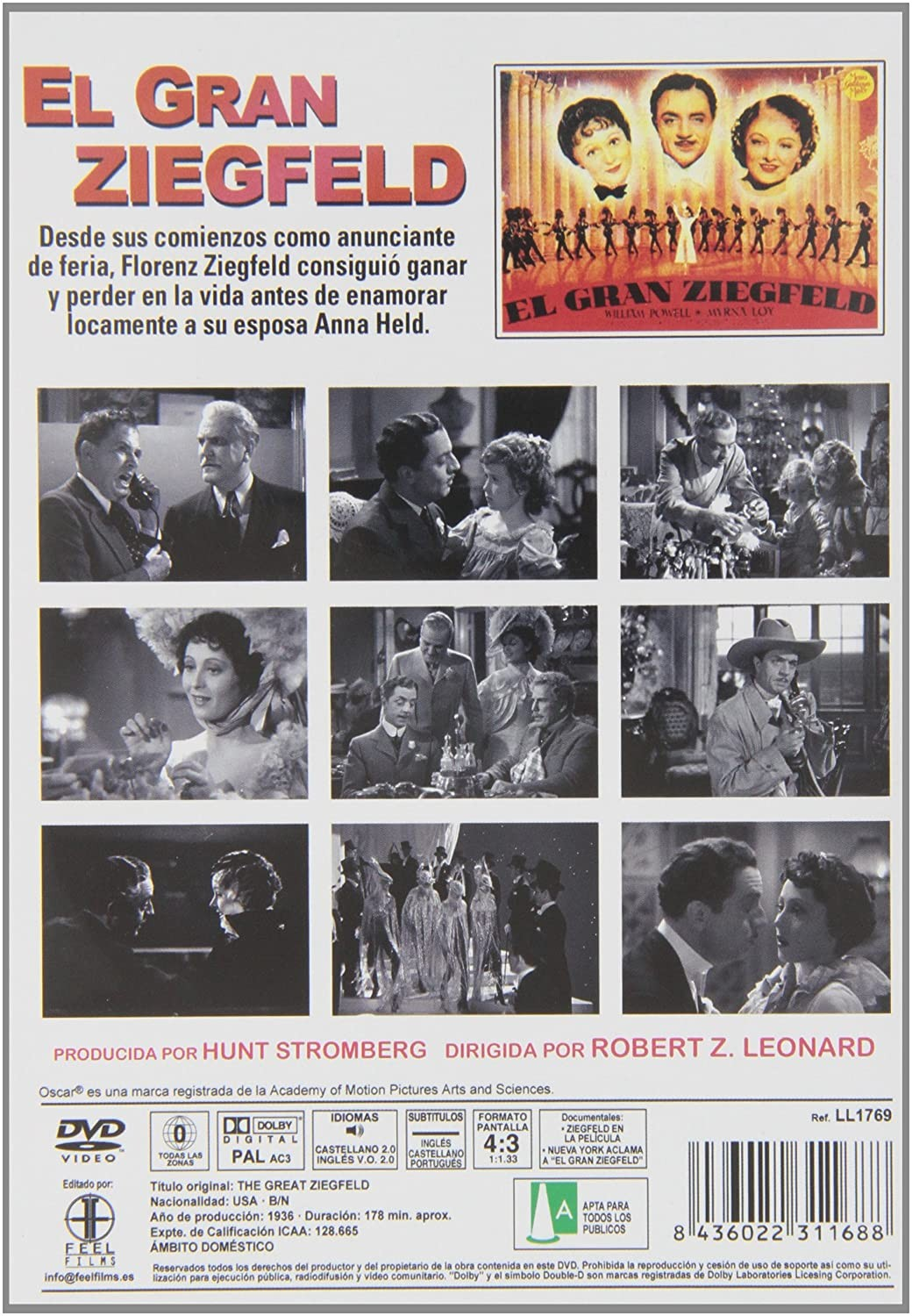 Carátula de DVD de 'El gran Ziegfeld' con fotogramas, texto y código de barras.