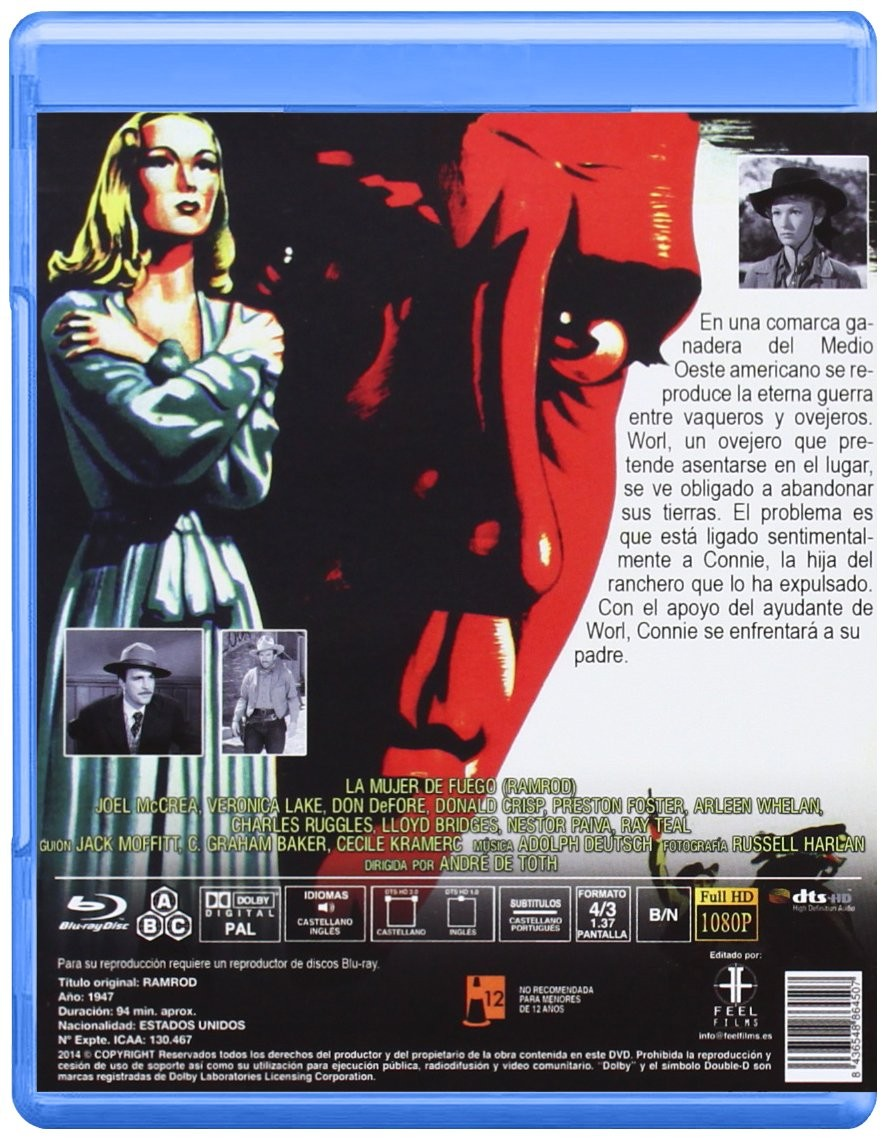 Contraportada de un Blu-ray de Ramrod con retratos de personajes, fondo rojo y texto en español.