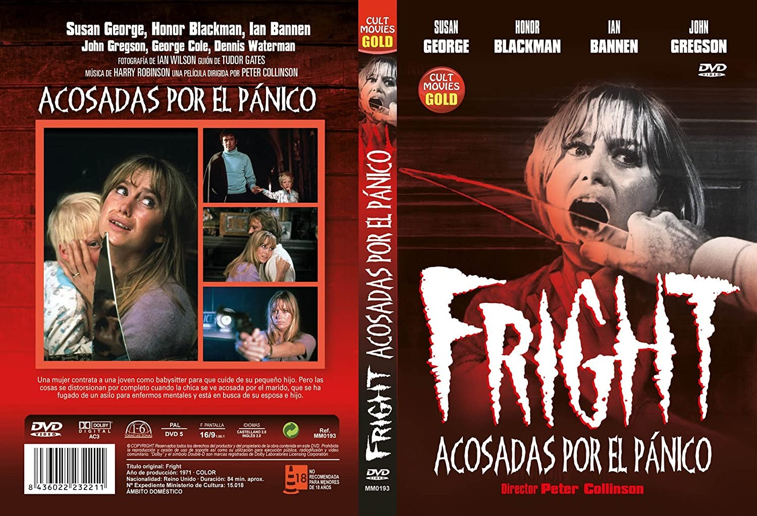 Caratula del DVD de la pelicula de terror Fright con una mujer aterrorizada.