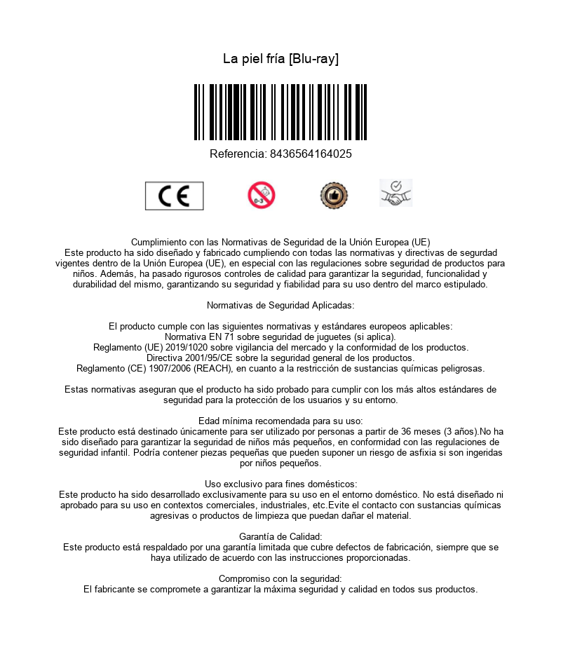 Información del producto con código de barras, marca CE y texto de seguridad en blanco.