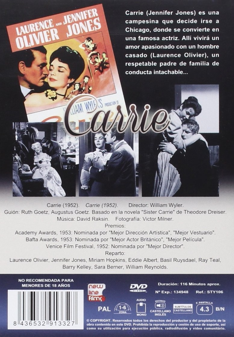 Contraportada de DVD de Carrie con fotos de los actores principales y sinopsis.