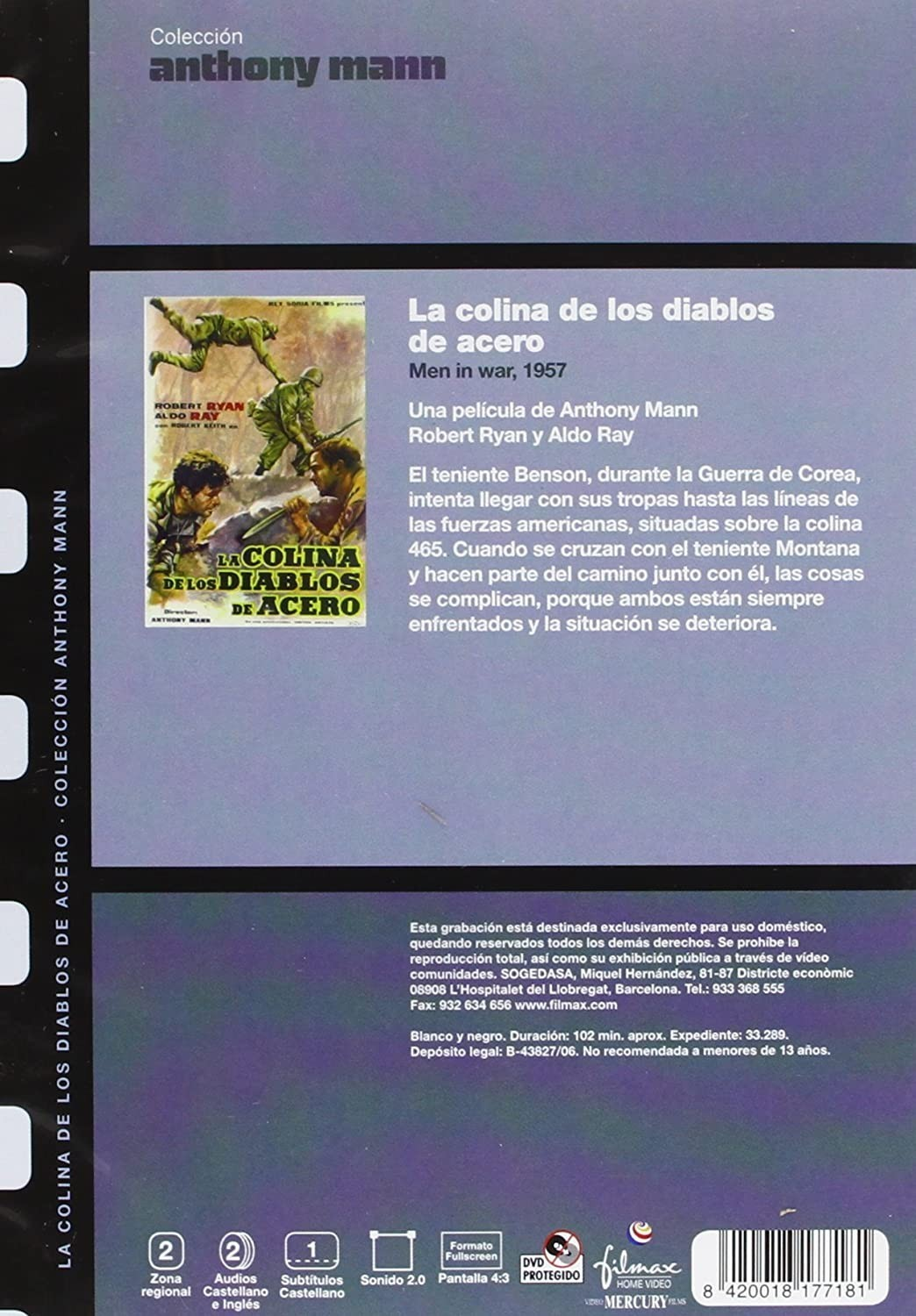 Contraportada de DVD de la película Men in War de Anthony Mann, con sinopsis y detalles sobre fondo morado.