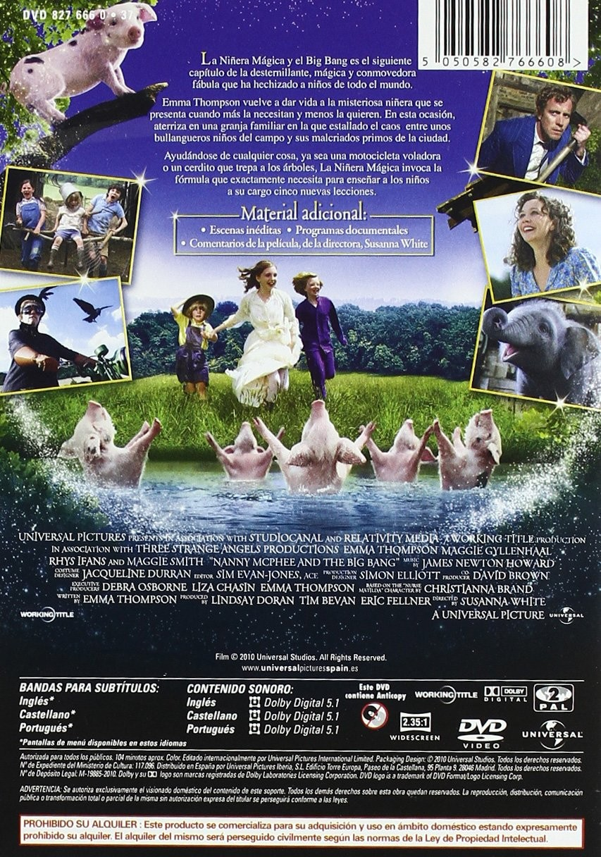 Contraportada del DVD de Nanny McPhee con escenas, texto y cerdos en el agua.