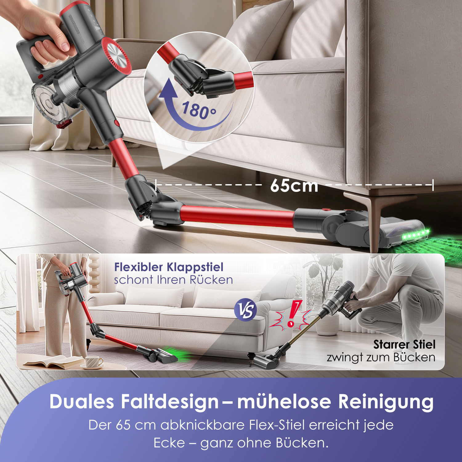 Ein flexibler roter Akkusauger reinigt unter dem Sofa und demonstriert sein biegsames Rohr.