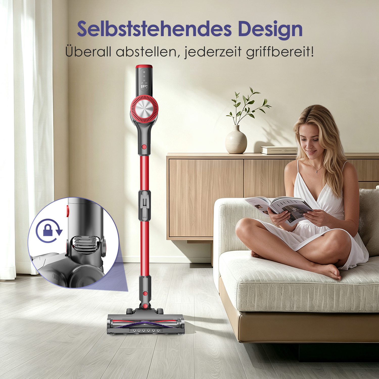 Eine Frau liest auf dem Sofa, während ein roter Staubsauger selbstständig im Raum steht.