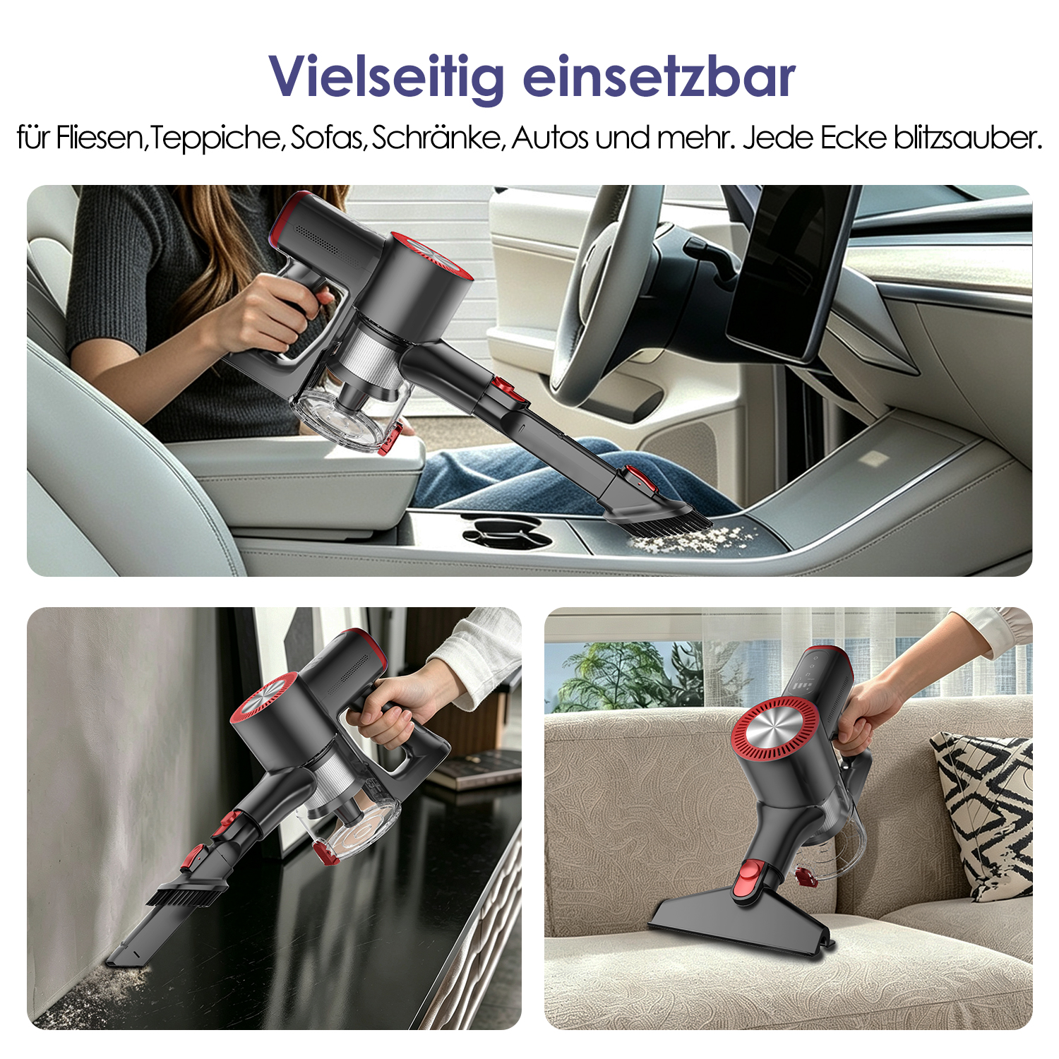 Ein kabelloser Handstaubsauger reinigt Autositz, Möbel und Ecken.