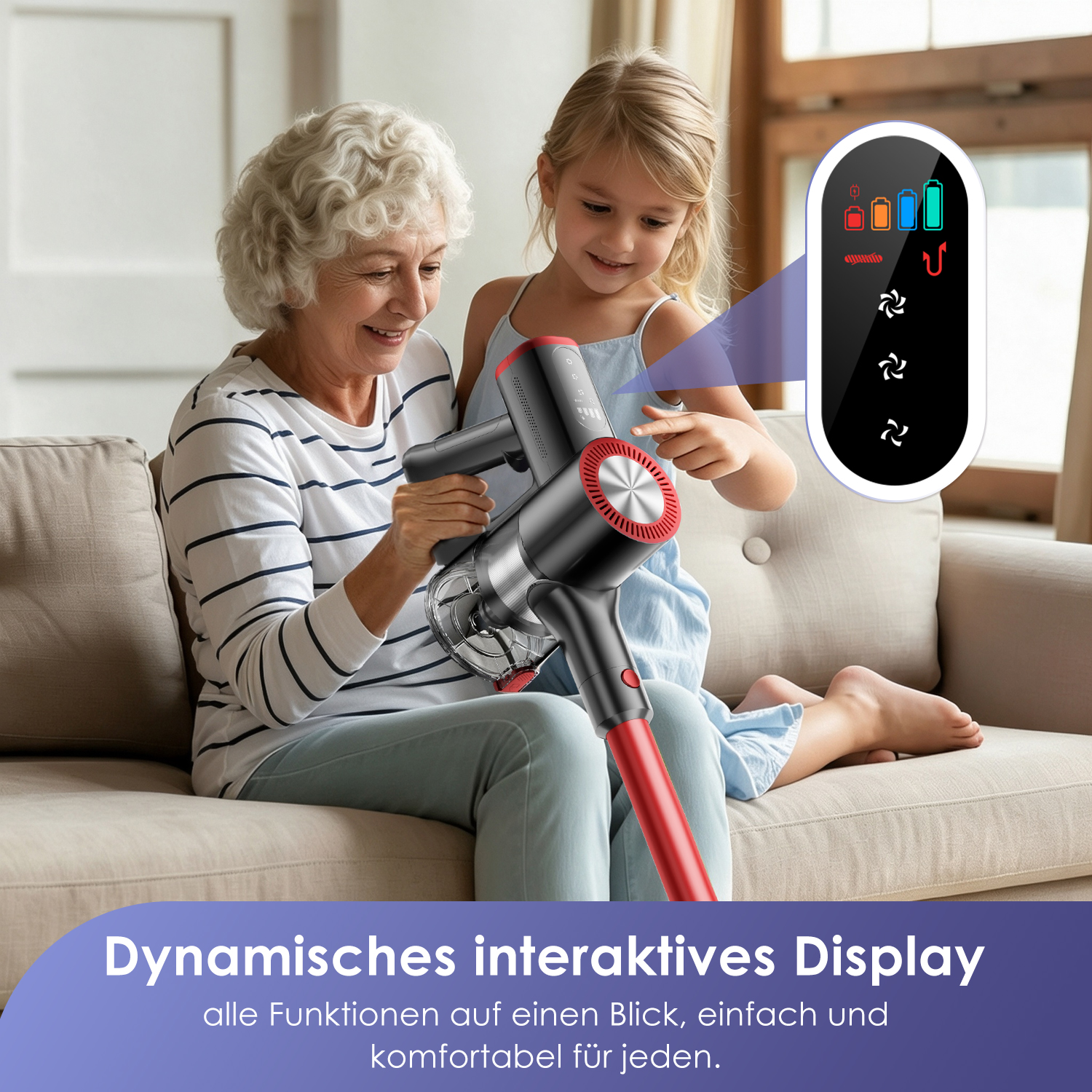 Eine ältere Frau und ein junges Mädchen auf einem Sofa betrachten einen Akustaubsauger mit Display.