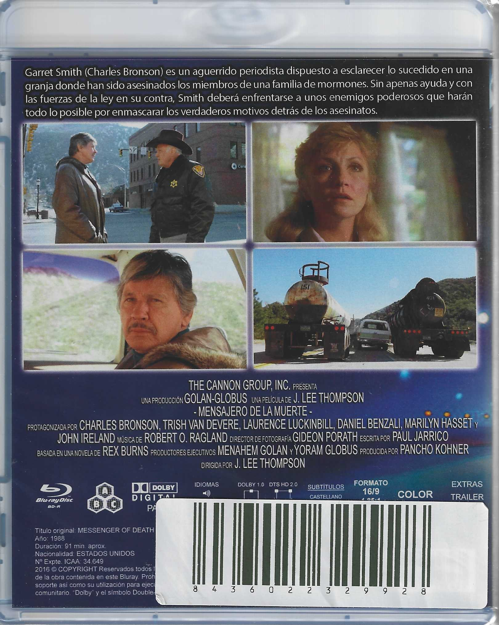 Contraportada de una caja de Blu-ray con fotogramas de la película Mensajero de la muerte, texto y código de barras.