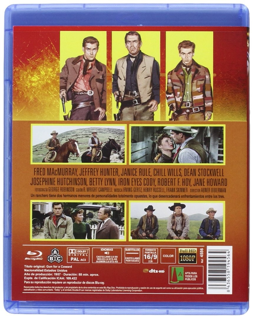 Contraportada del Blu-ray del western Gun for a Coward con retratos del elenco, fotos de escenas y texto.