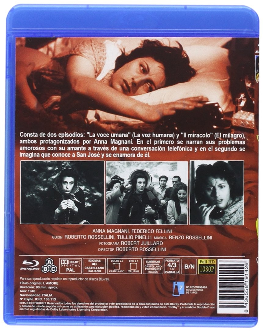 Contraportada del Blu-ray de L'Amore con Anna Magnani, fotogramas, créditos y sinopsis en español.