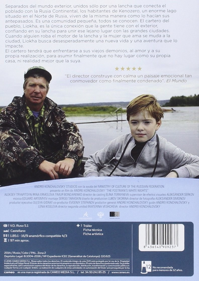 Contraportada de DVD con un hombre y un niño en un bote, texto y código de barras.
