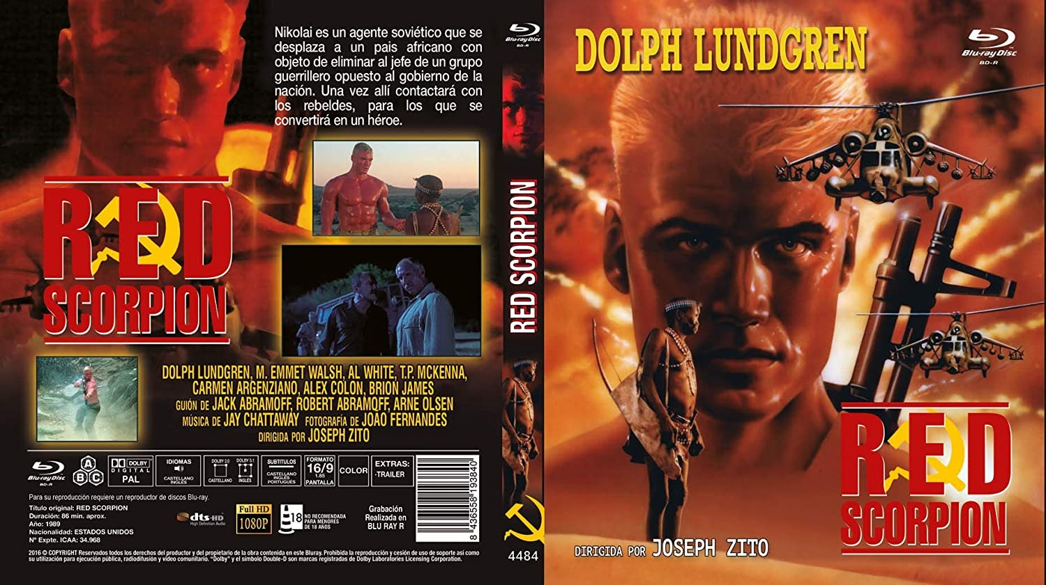 Carátula del Blu-ray Red Scorpion con Dolph Lundgren, helicópteros y una figura tribal sobre fondo naranja.