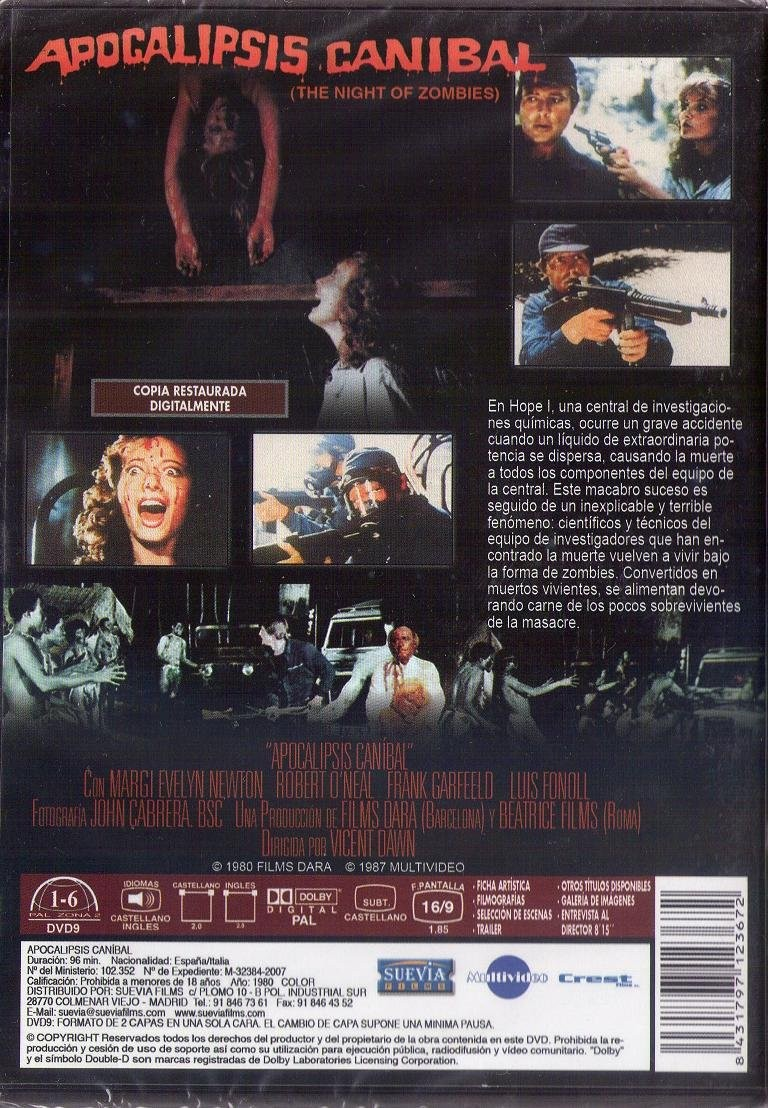 Carátula del DVD de terror Apocalipsis Caníbal con escenas sangrientas, imágenes de zombis y texto en español.