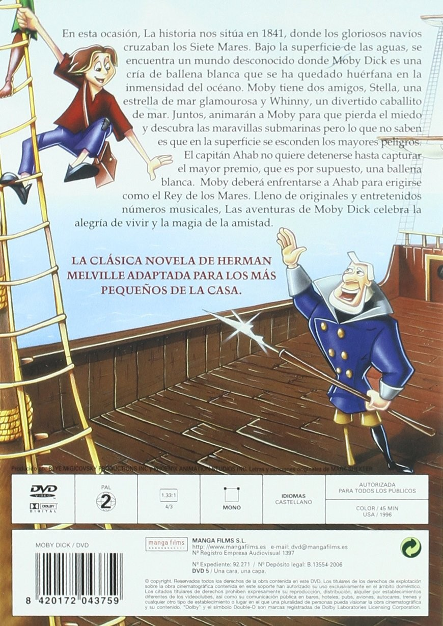 Carátula de DVD con personajes animados, un capitán de barco y texto sobre Moby Dick.