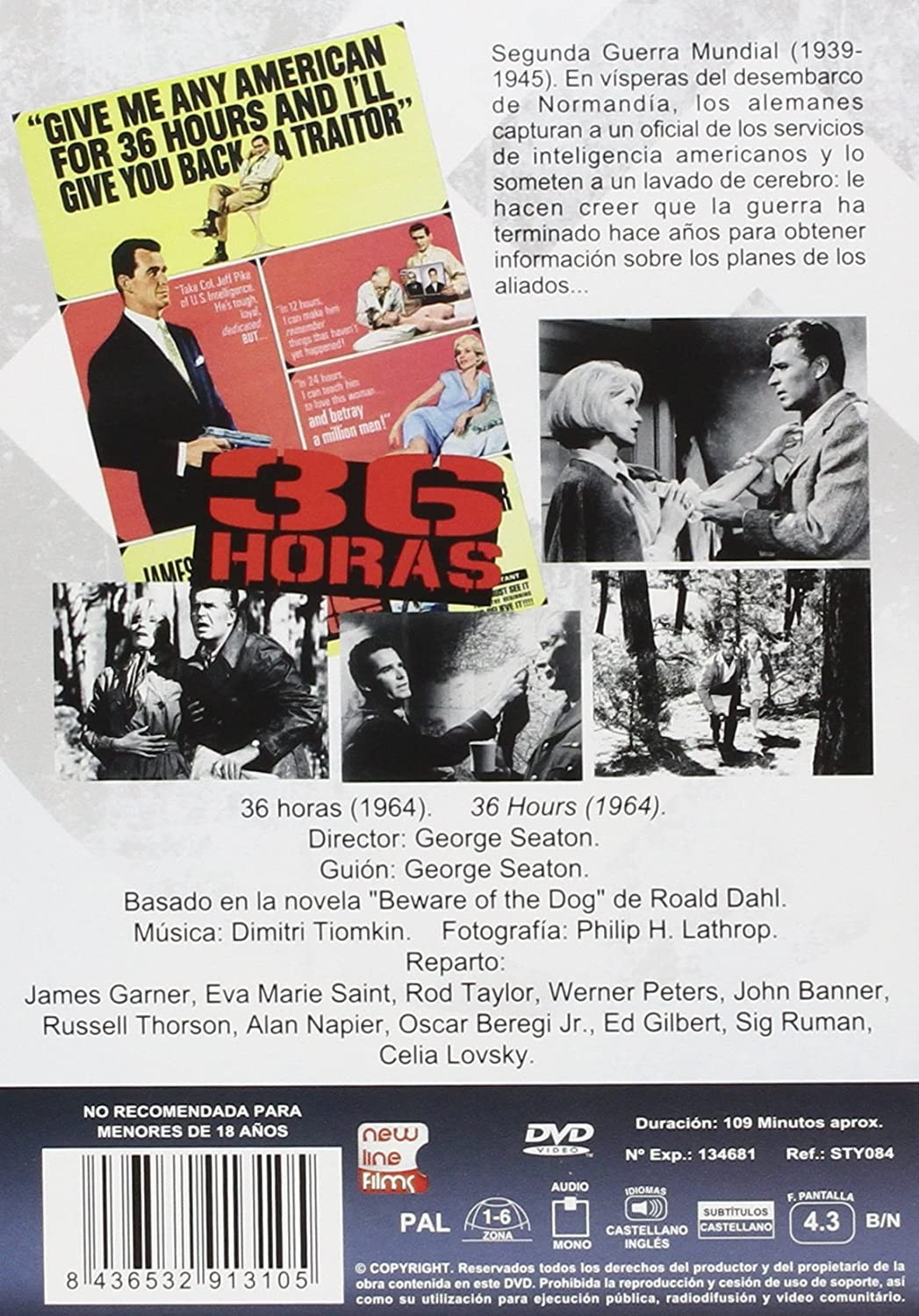 Contraportada de la caja del DVD de 36 horas, con fotos de escenas, texto y detalles técnicos.