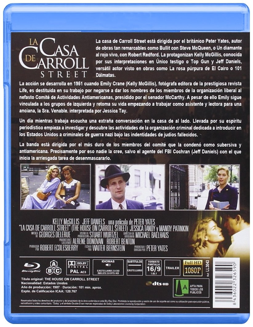Contraportada del Blu-ray La Casa de Carroll Street con sinopsis, fotogramas, créditos y código de barras.