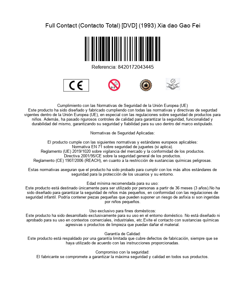 Pagina de detalles del producto con titulo, codigo de barras, logotipos y texto de seguridad.