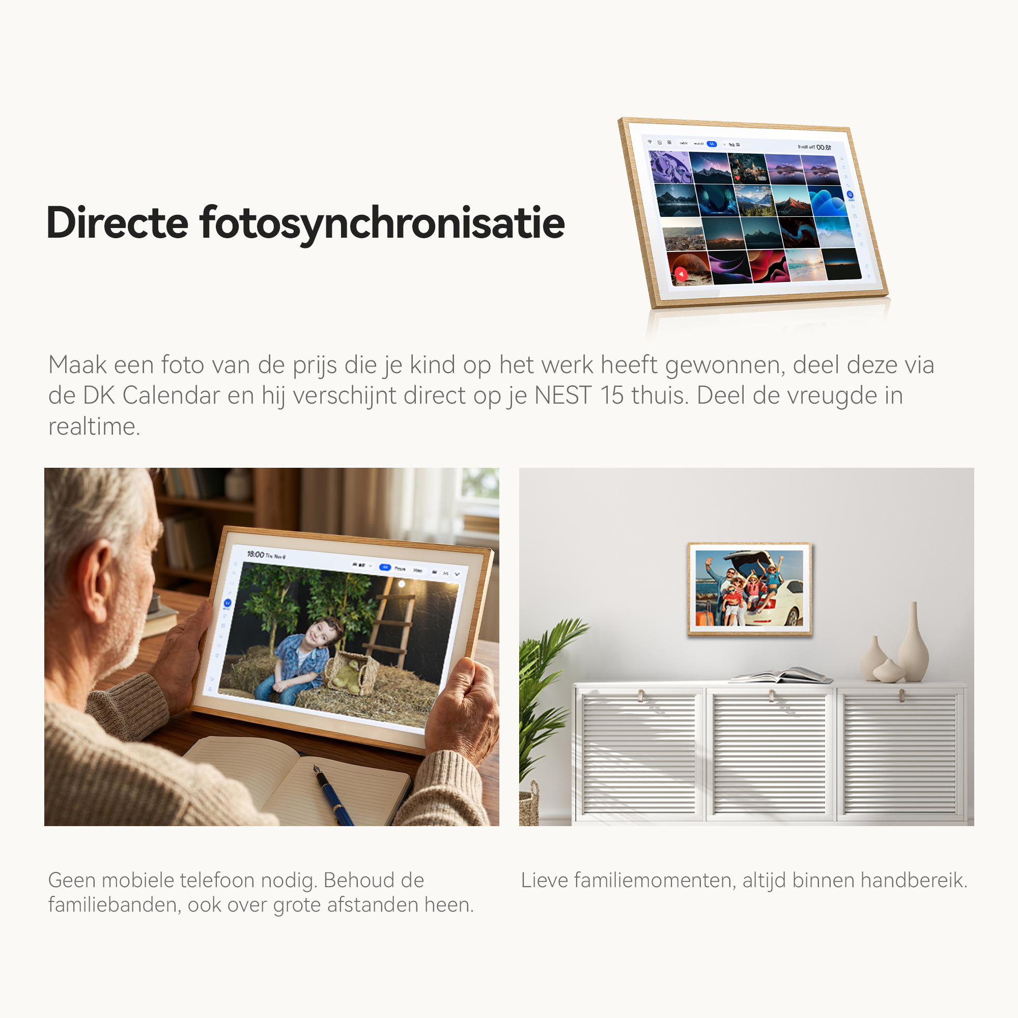 Werbebild für einen digitalen Familienkalender mit Foto-Synchronisations- und Freigabefunktionen.