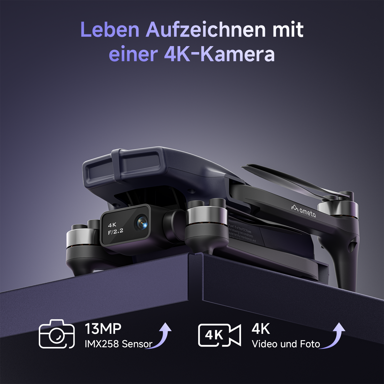 Eine graue Falt-Drohne mit 4K-Kamera auf einer dunklen Oberfläche und deutscher Text.