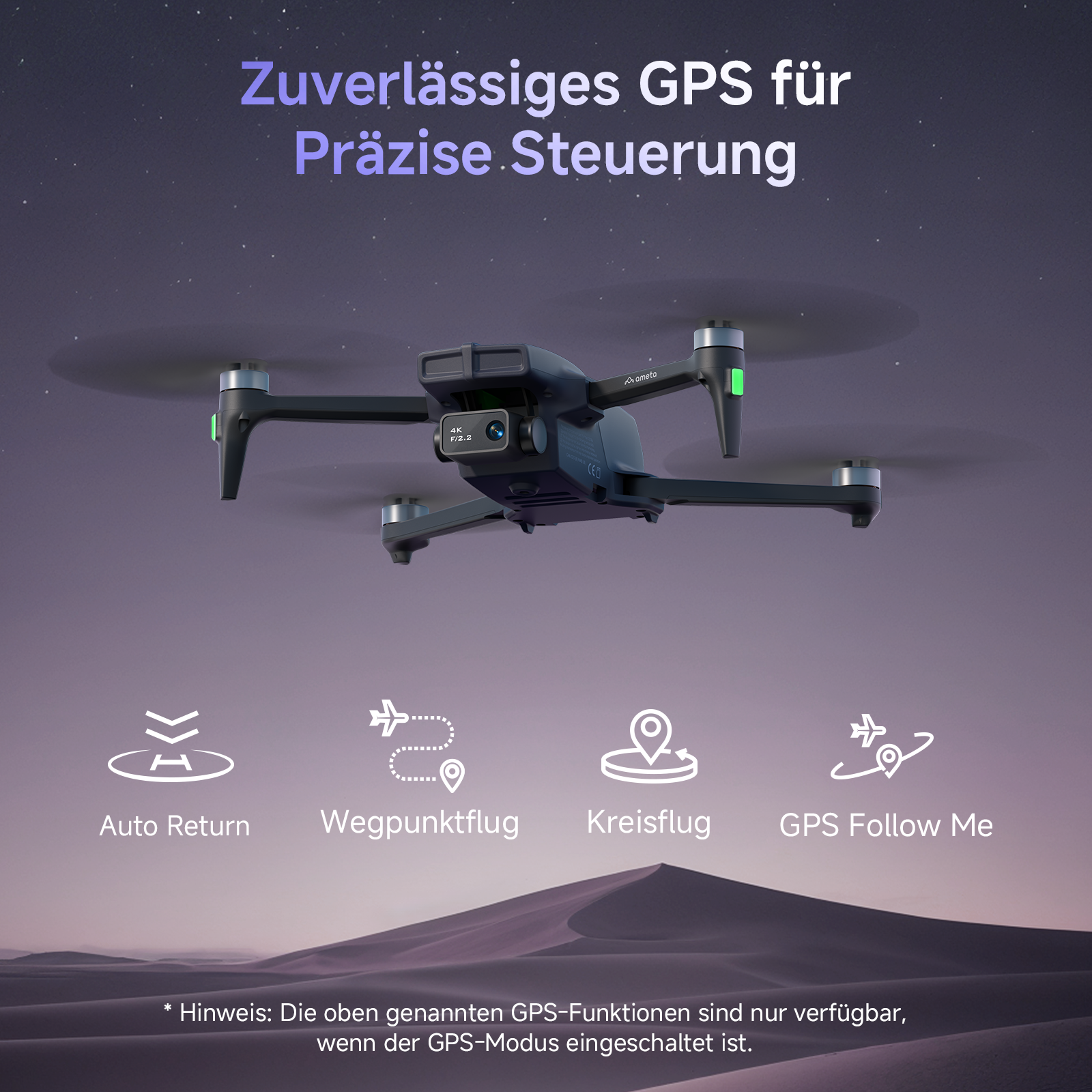 Eine Drohne fliegt über einer Dünenlandschaft bei Dämmerung, mit Text über GPS-Funktionen.
