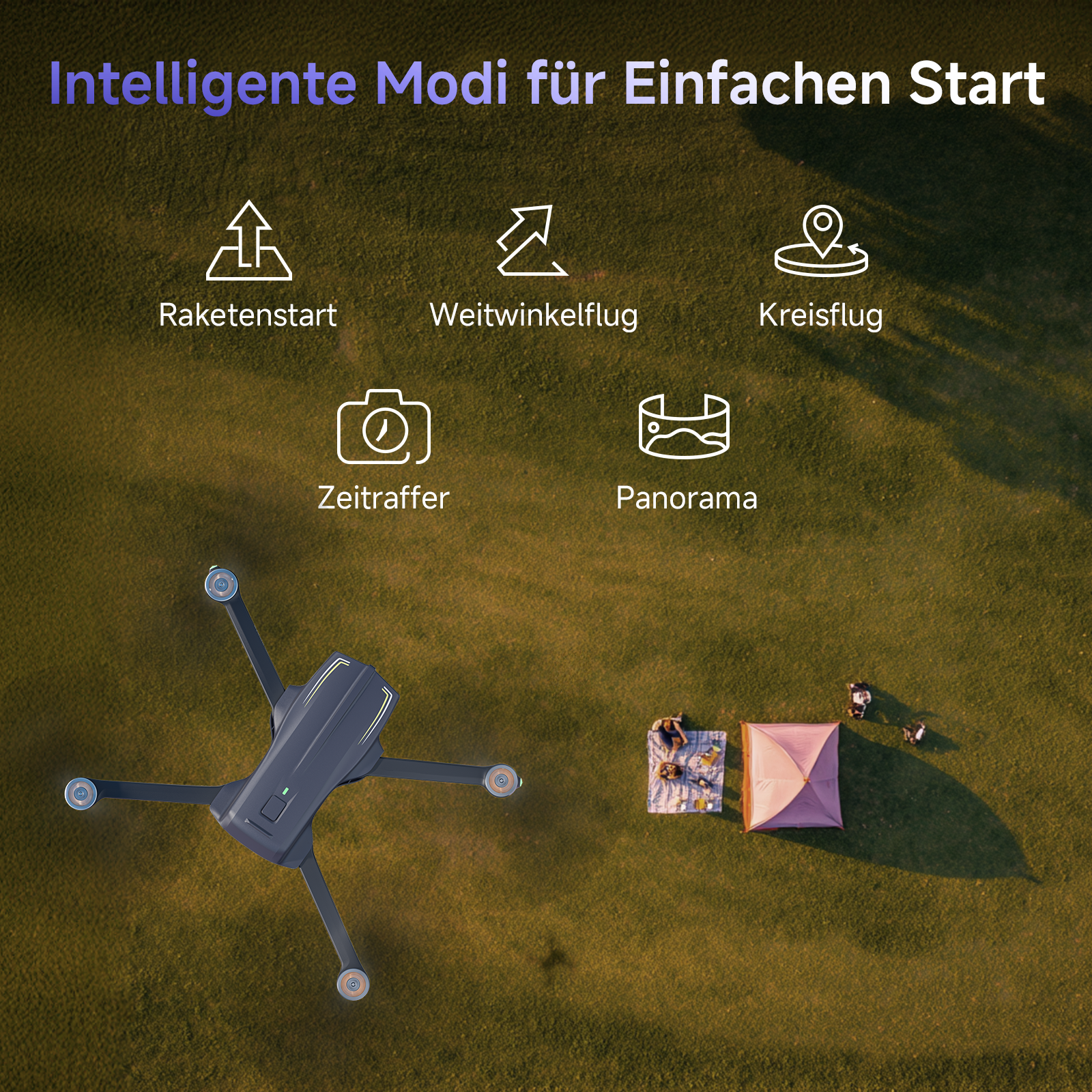 Drohne fliegt über grünem Feld mit Zelt und Picknick, mit Symbolen für intelligente Flugmodi.