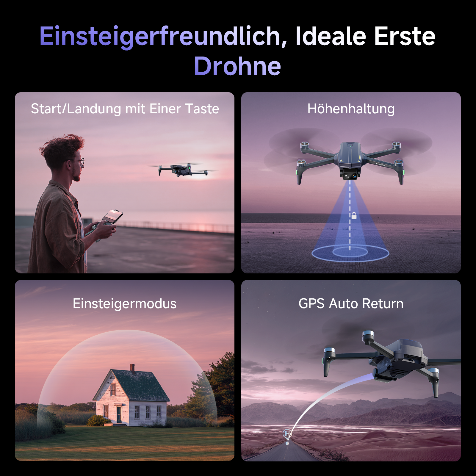 Vier Bilder zeigen Drohnenfunktionen wie Start, Höhenhaltung, Einsteigermodus und GPS-Rückkehr.