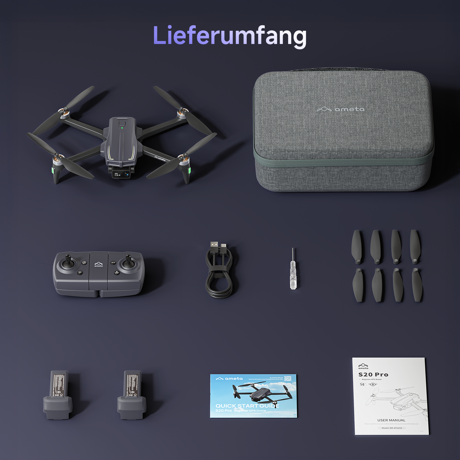 Lieferumfang einer grauen Drohne mit Tasche, Fernsteuerung, Kabel, Schraubenzieher, Ersatzpropellern, Akkus und Anleitungen.