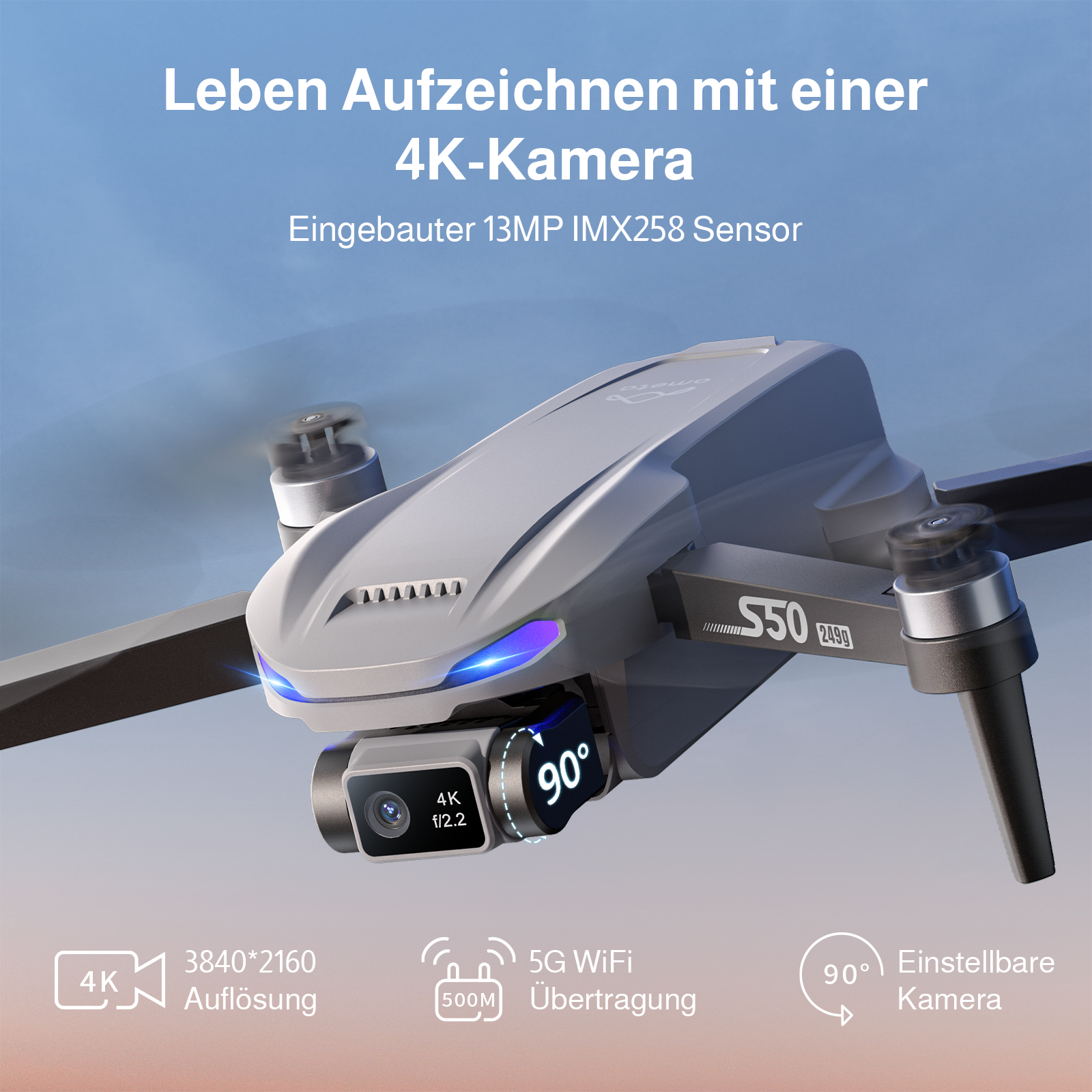 Eine graue S50 Drohne mit 4K-Kamera fliegt vor blauem Himmel mit deutscher Produkttext-Einblendung.