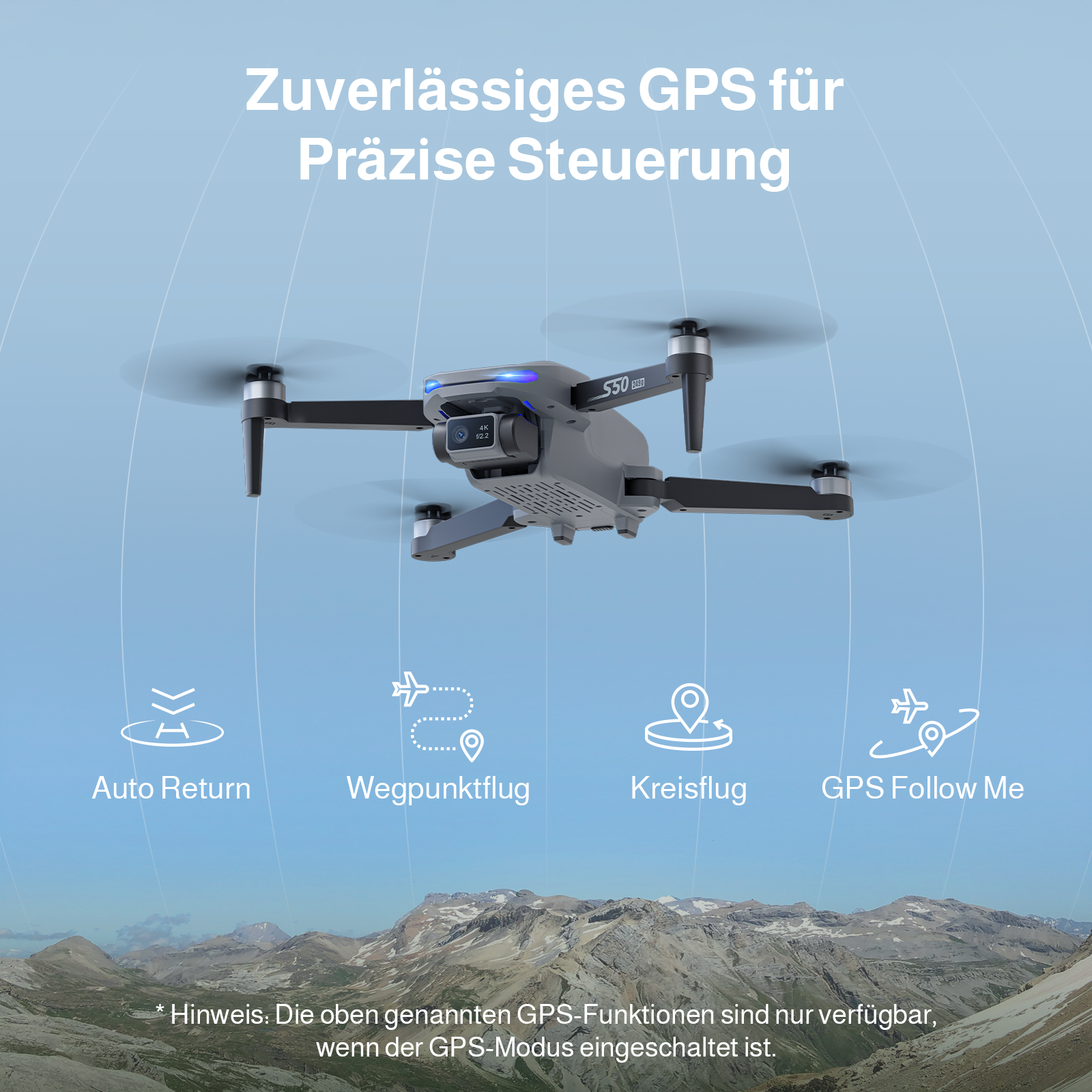 Eine graue Drohne schwebt über einer Berglandschaft, mit Symbolen für GPS-Funktionen.