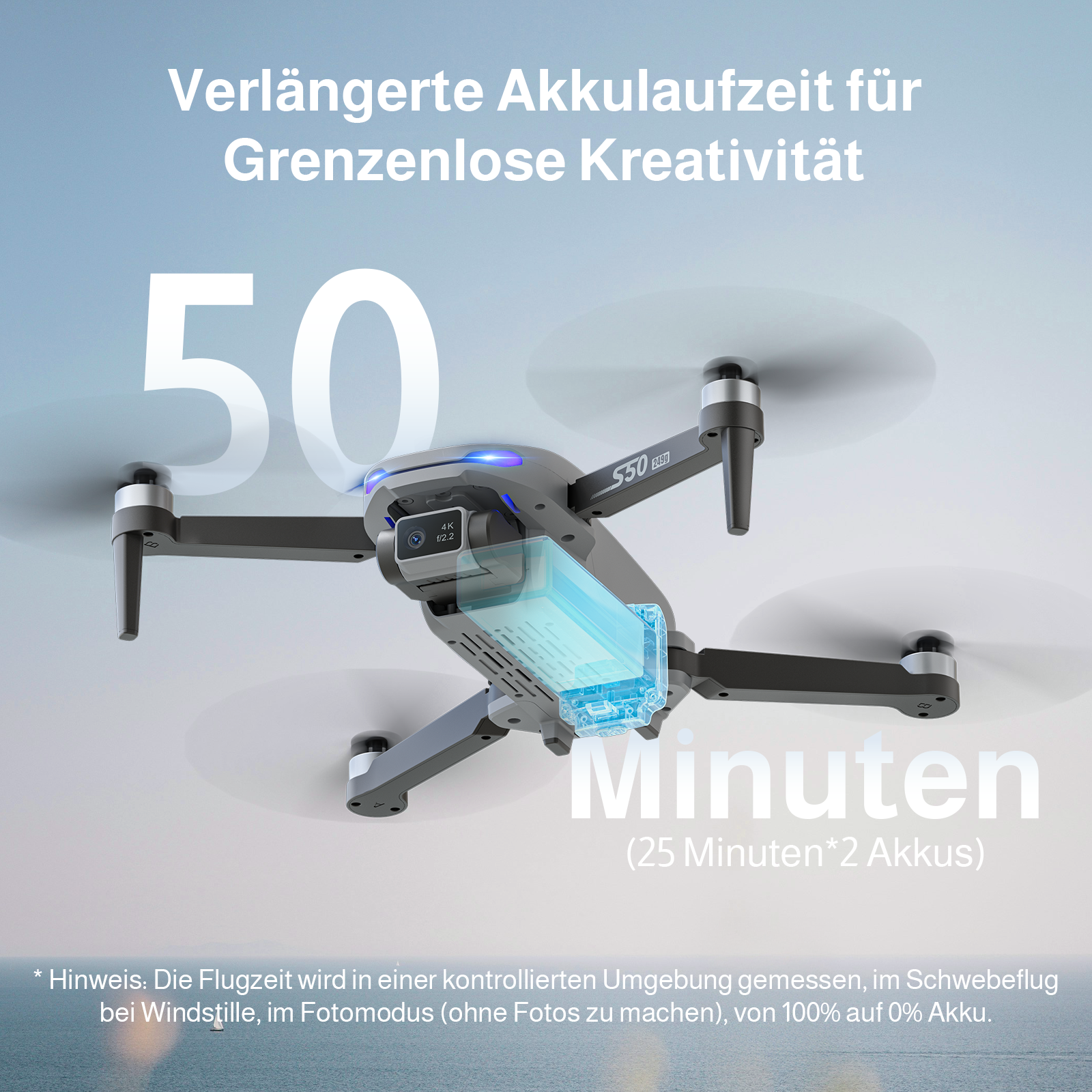 Eine graue Drohne schwebt in der Luft, mit Text im Hintergrund, der 50 Minuten Flugzeit anzeigt.
