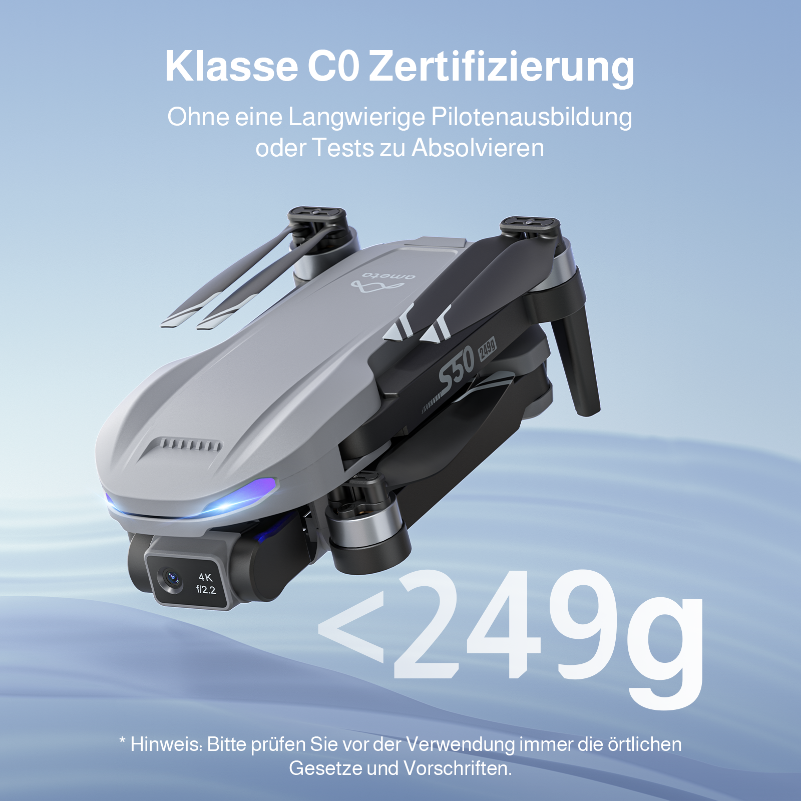 Eine graue Falt-Drohne mit 4K-Kamera fliegt vor blauem Hintergrund mit deutschem Werbetext.