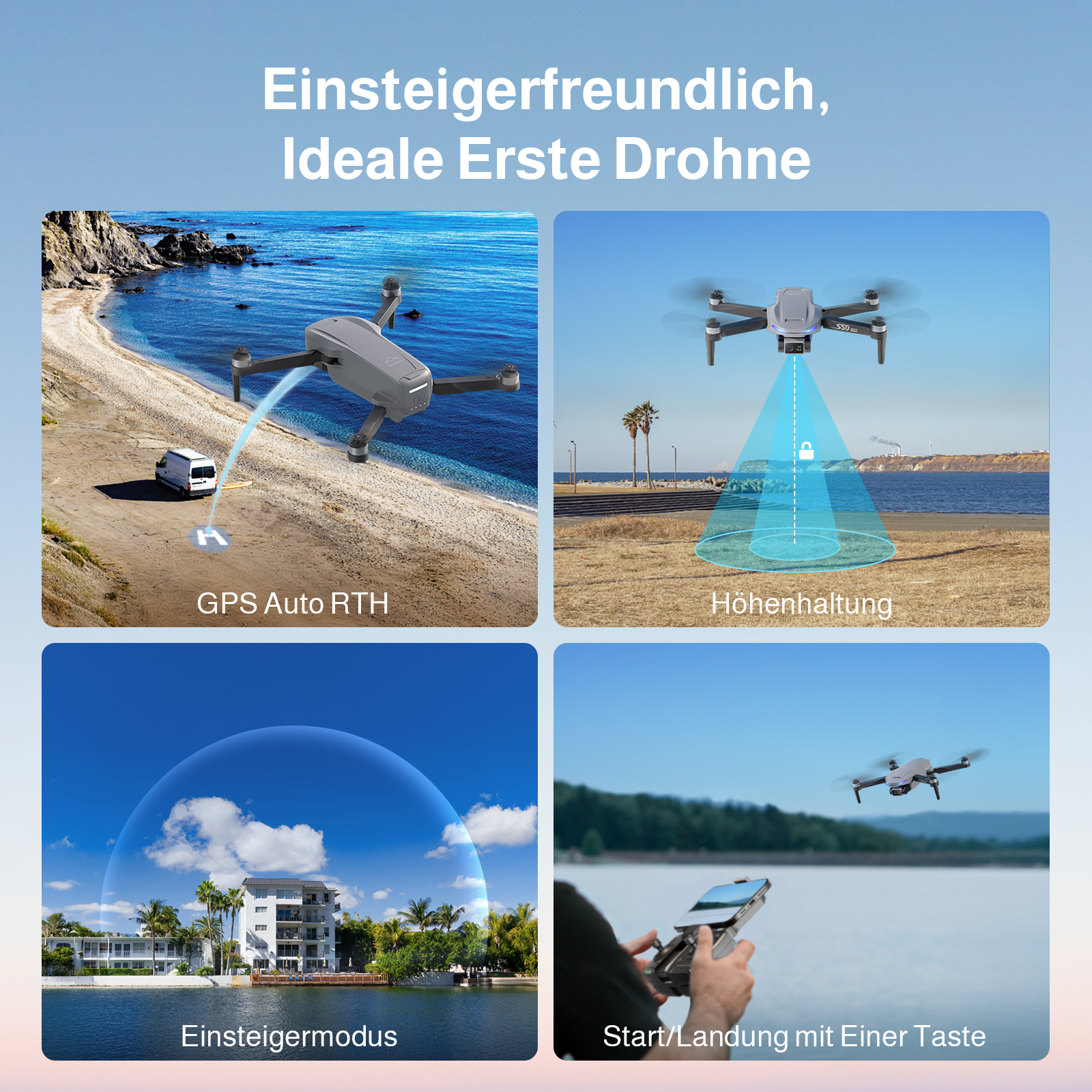 Vier Bilder zeigen Drohnenfunktionen wie GPS-Rückkehr, Höhenhaltung, Anfängermodus und Ein-Tasten-Start.