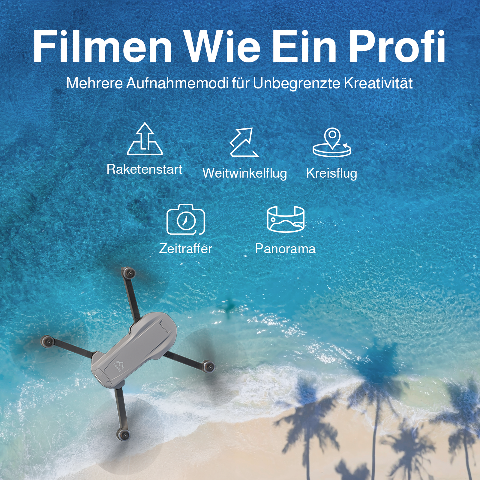 Graue Drohne fliegt über blauem Meer mit Text und Icons für Flugmodi.