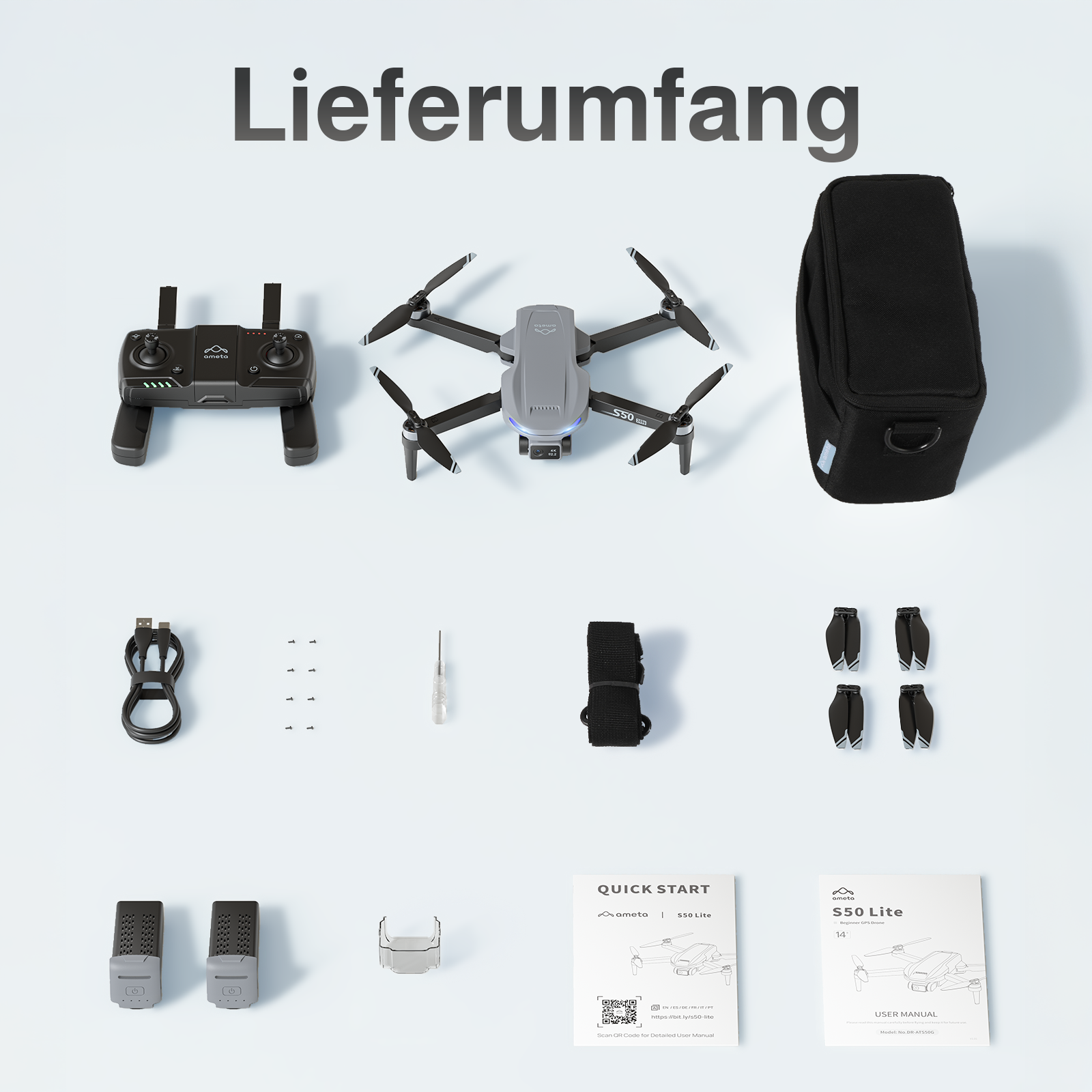 Lieferumfang einer Drohne mit Fernbedienung, Tasche, Akkus, Ersatzteilen und Anleitungen auf hellem Hintergrund.