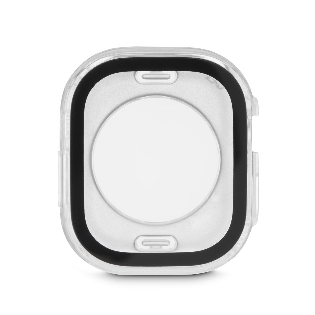 Transparente Schutzhülle für Smartwatch mit schwarzem Innenrahmen.