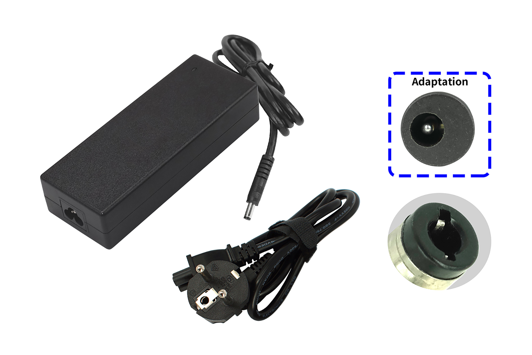 Schwarzes Laptop-Netzteil mit Kabel und zwei Nahaufnahmen von Anschlüssen auf weißem Hintergrund.