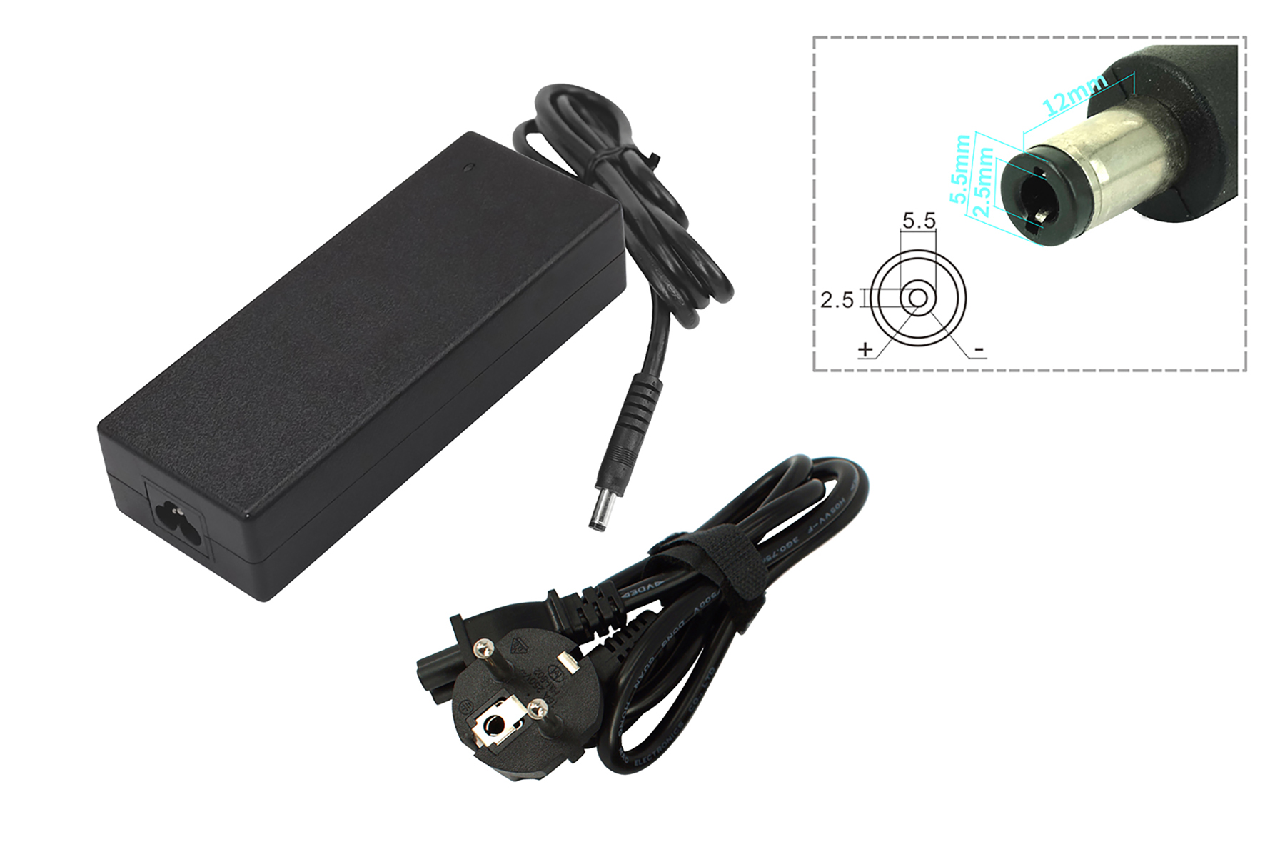 Schwarzes Laptop-Netzteil mit Kabel, Stecker und Maßskizze für den Anschluss.
