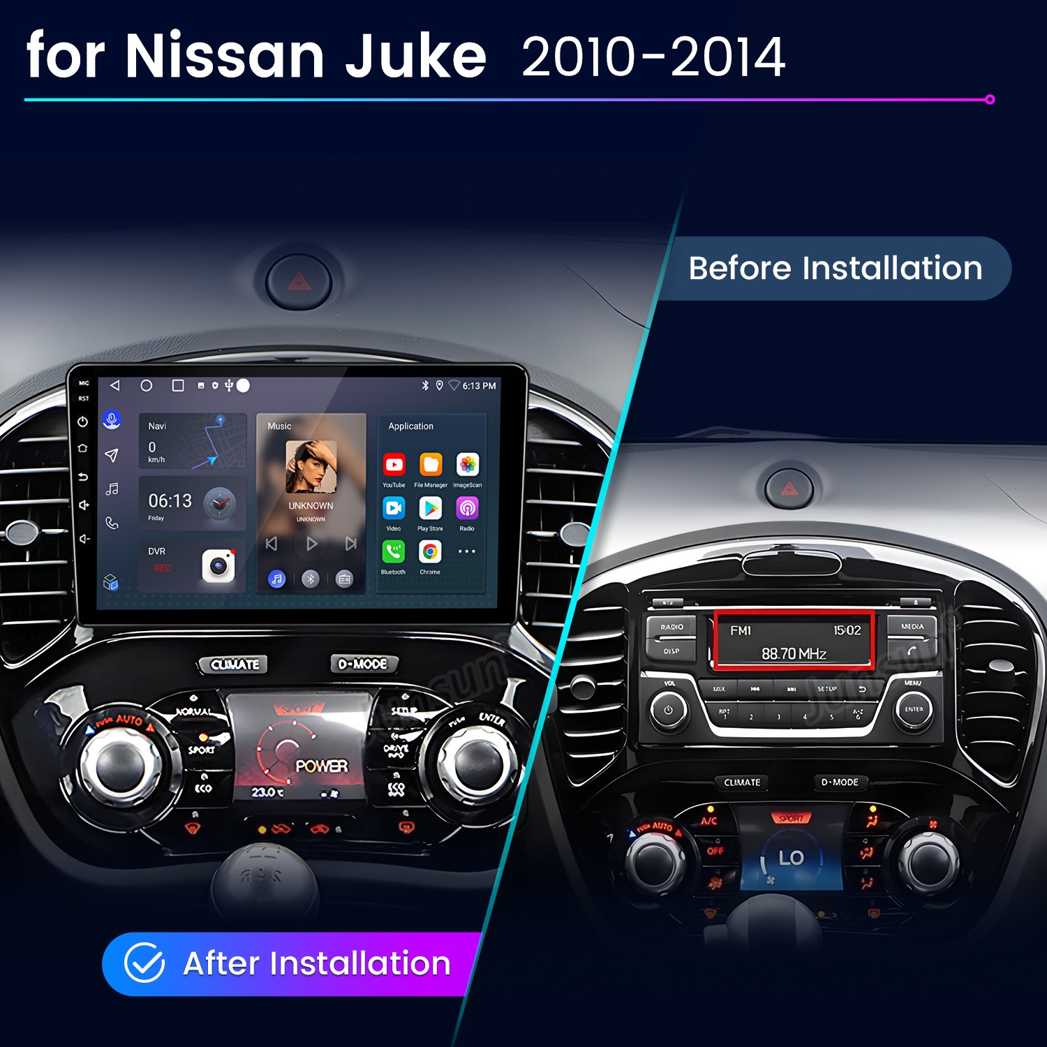 Vergleich des Nissan Juke Armaturenbretts vor und nach der Installation des Radios.