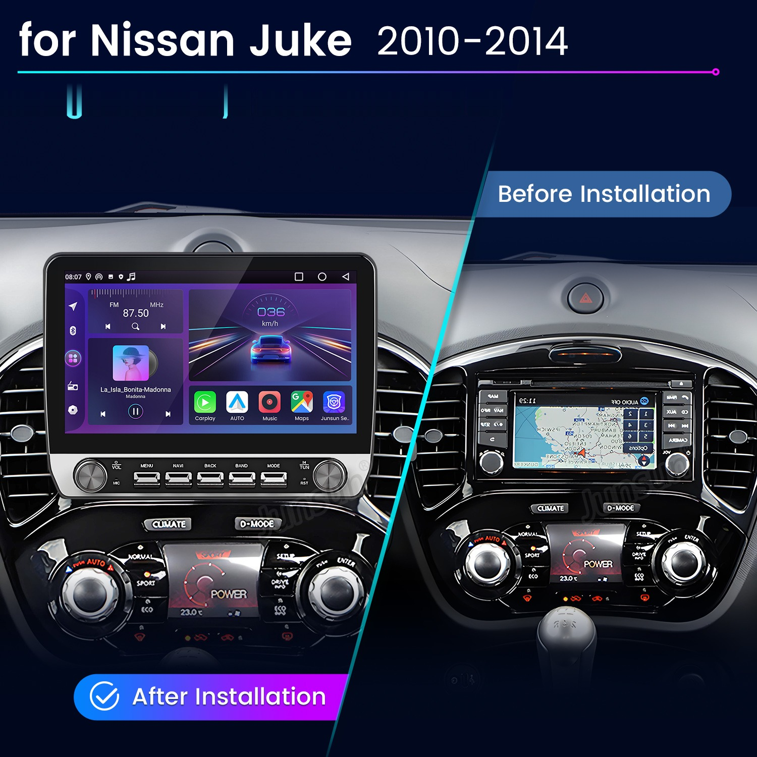 Vergleich des Nissan Juke Armaturenbretts vor und nach dem Einbau eines modernen Touchscreen-Radios.
